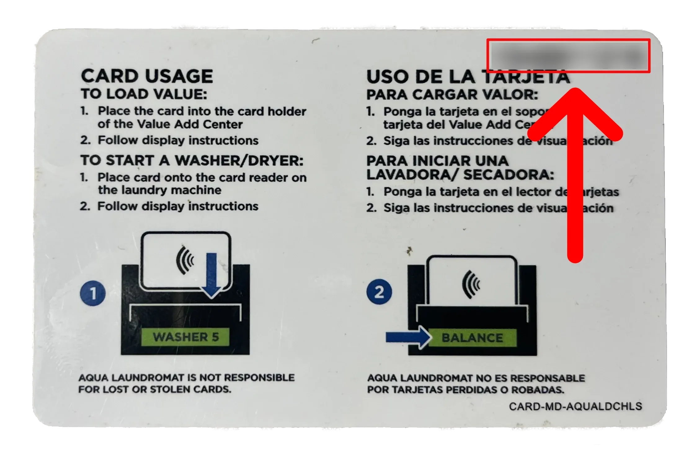 Back of an Aqua Laundry card, with the card number boxed in the upper right corner